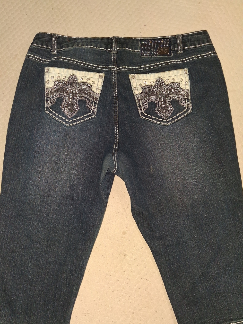 one 5 one Dark Blue Embellished Back Pocket Capris